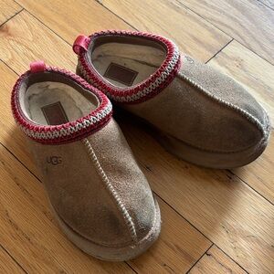 UGG Kids Tasman’s  Suede Slippers with Red Trim